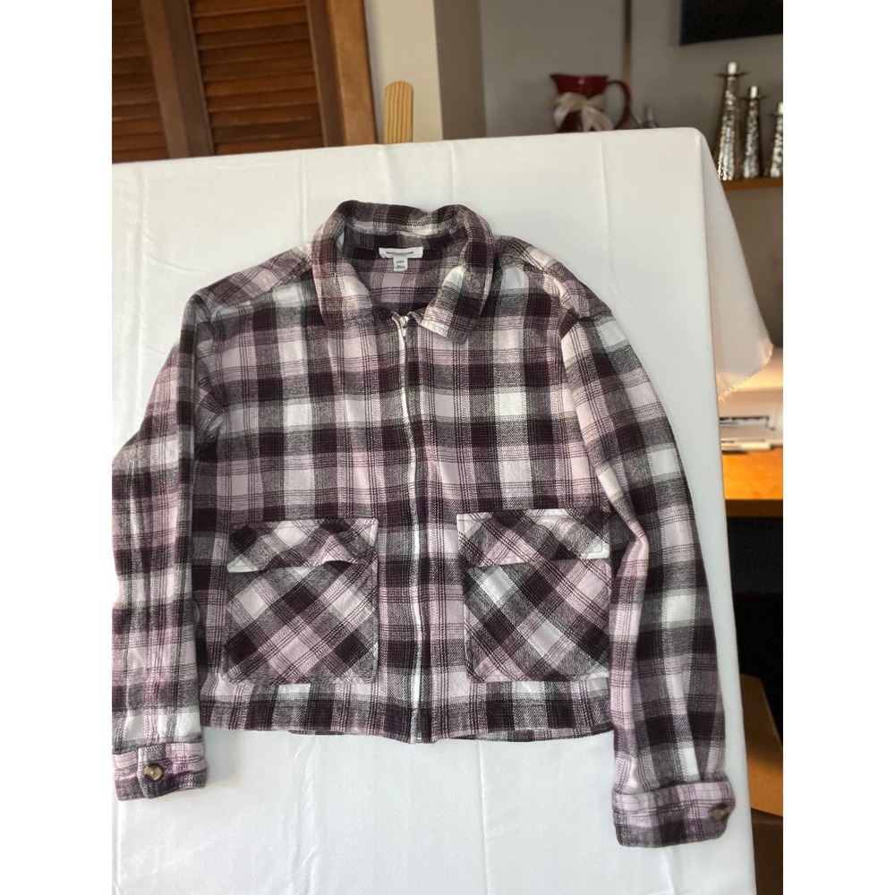 Beachlunchlounge Womens Plaid Flannel Zip Up Jacket Purple White Cropped Large